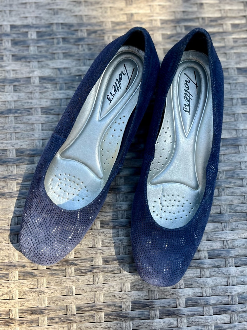 Trotters Navy Blue Lauren Low Wedge Heel, Textured Patent Suede Slip On - Picture 3 of 8